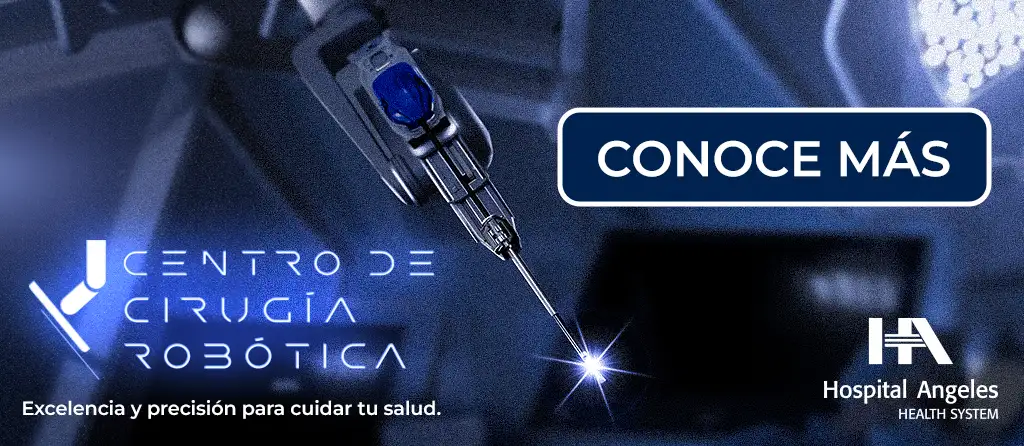 Banner azul, lamparas led, brazo de robot quirúrgico gris. Letras blancas de Centro de Cirugía Robótica y botón azul con letras blancas de conoce más.